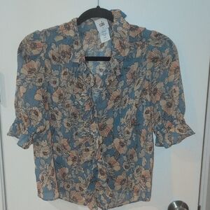 CAbi Floral Print Blouse in Blue and Cream